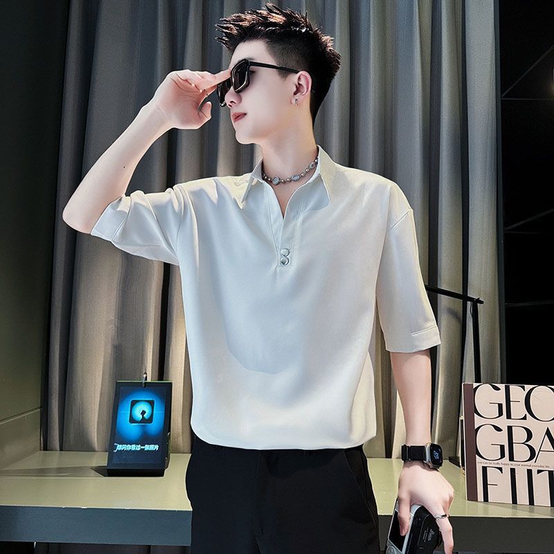 男衬衫夏季薄款衫新款纯色痞帅潮牌男装垂感中袖恤-阿里巴巴