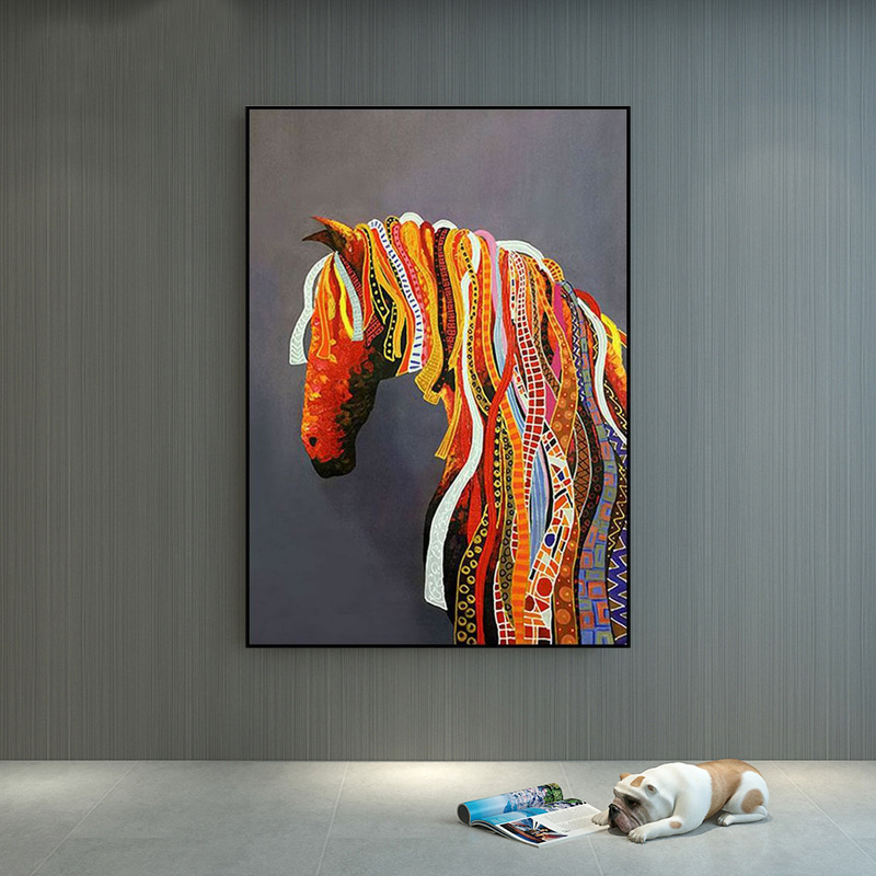 纯手绘油画北欧抽象彩色马头装饰画玄关走廊过道餐厅壁画竖版挂画