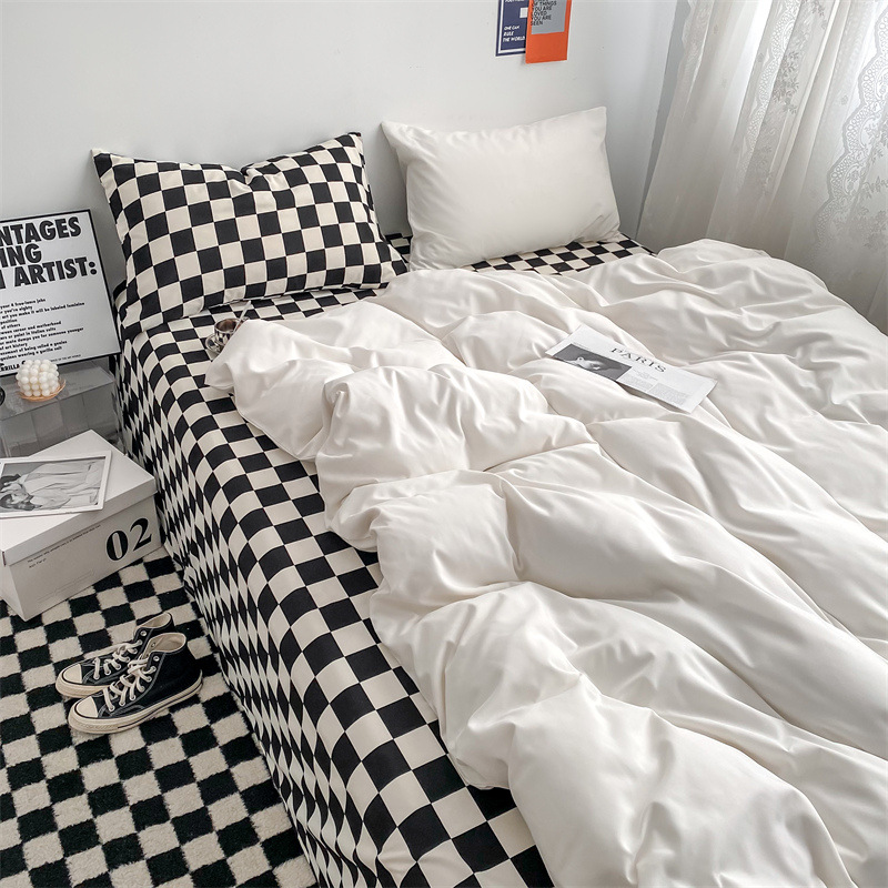 INS Checkerboard Plaid Bed Sheet Four-Piece Set Wholesale Washed Cotton Duvet Cover Dormitory Bed Three-Piece Set Nantong Brushed Bedding