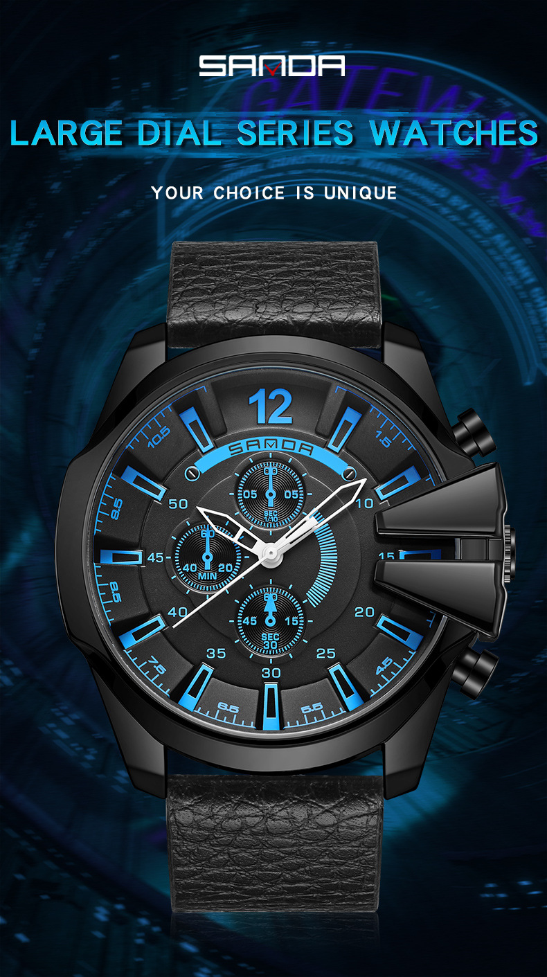 三达新品皮带男款大表盘炫酷带刻度仿六针电子石英表男士一件批发