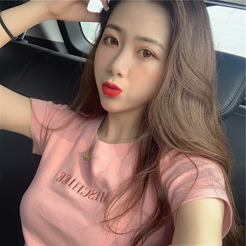 Wholesale 2024 Summer New Korean Style Letter Embroidered Slim Short-Sleeved T-shirt Female Student Top Foreign Trade Women's Clothing Fashion Women Clothes