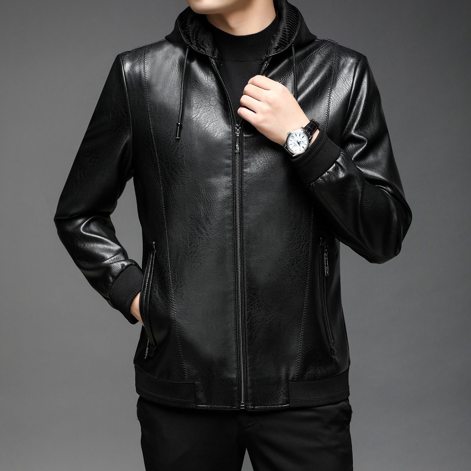 春秋新款连帽可脱卸亮皮衣 轻奢男士纯色防风免烫外贸皮夹克外套