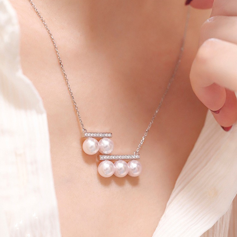 平衡木双层珍珠项链气质女款淡水珍珠纯银18k锆石上下平衡锁骨链