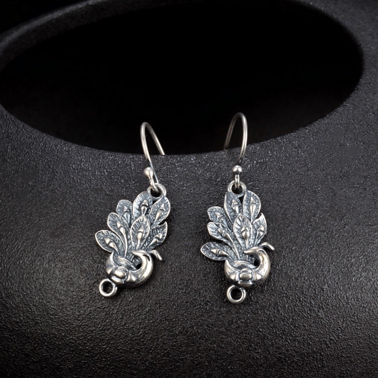 s925纯银孔雀半成品耳环 复古哑光典雅耳饰 diy耳钉饰品