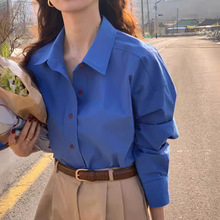 韩版通勤百搭糖果色基础款衬衣OL气质翻领单排扣长袖衬衫5色