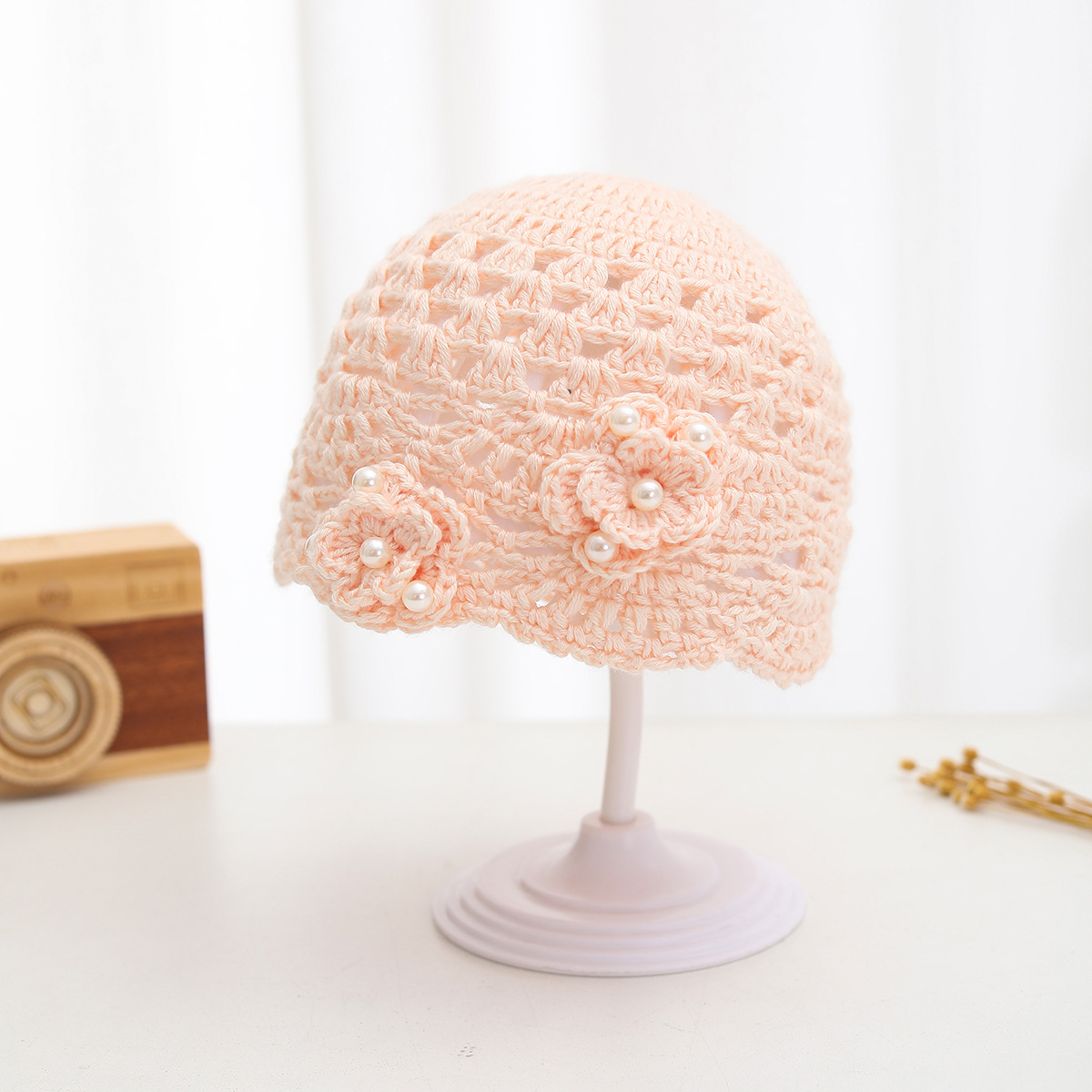 春夏季宝宝手工编织花朵珍珠镂空帽新生婴儿囟门帽子-阿里巴巴
