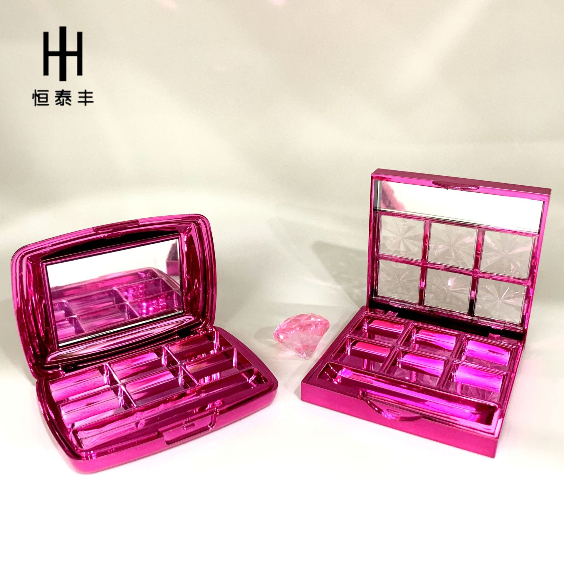 工厂直销新款眼影盒甲油胶盒6色带刷槽喷镀工艺彩妆包材批发定 做