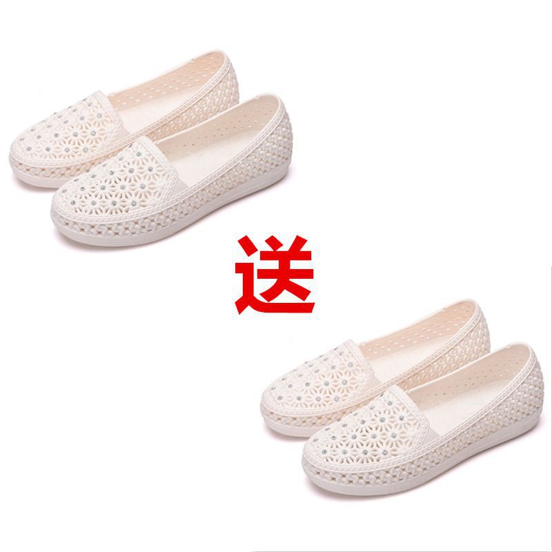 Buy One Get One Free Summer Plastic Hole Shoes Breathable Hollow Women's Sandals Soft Bottom Mom Shoes Flat Toe Box Beach Shoes