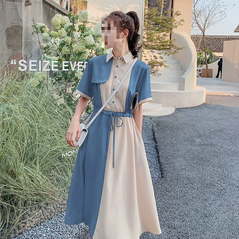 夏季拼接衬衫连衣裙女2025年新款收腰显瘦轻熟风复古气质茶歇长裙