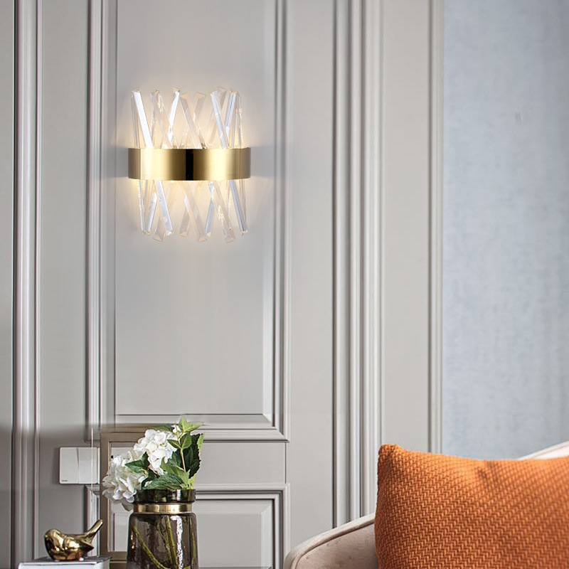 水晶客厅壁灯北欧后现代轻奢卧室床头灯简约酒店客房过道灯不锈钢