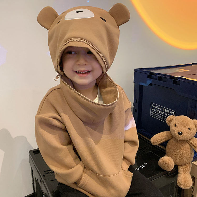 2021年冬季网红新款男女童加厚加绒宝宝可爱连帽搞怪潮流小熊卫衣