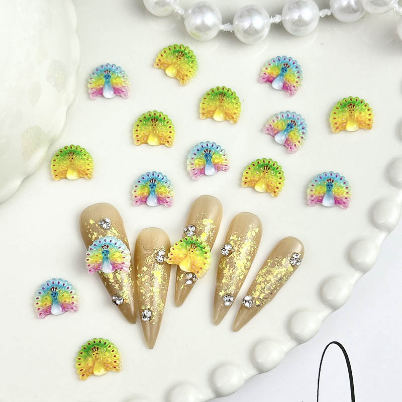 彩虹色开屏孔雀美甲饰品卡通七彩扇形手机壳装饰美甲diy材料包