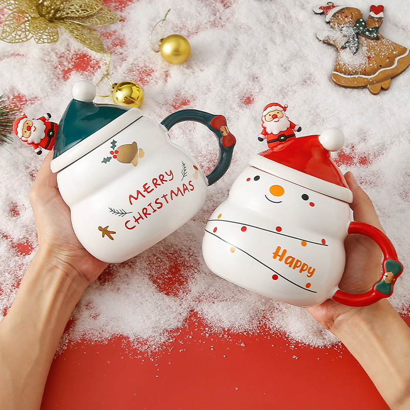 Creative Christmas Gift Ceramic Cup with Cover Spoon Large Capacity Snowman Mug Santa Claus Water Cup Cross-Border