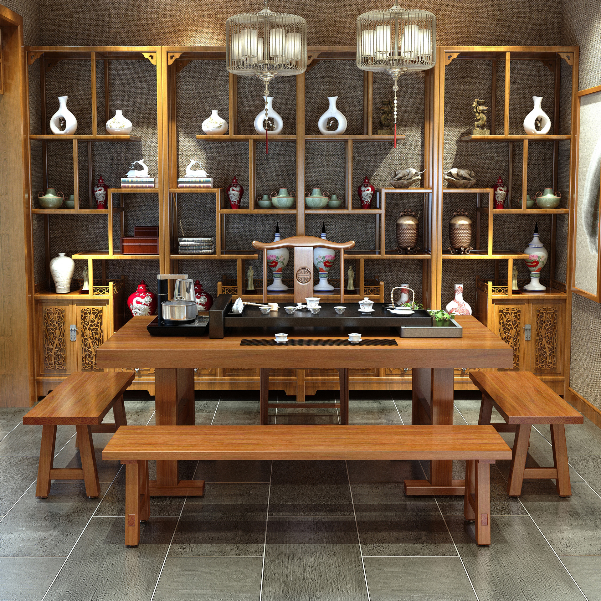 实木茶桌椅组合现代简约办公老板桌新中式原木长条凳子功夫泡茶桌