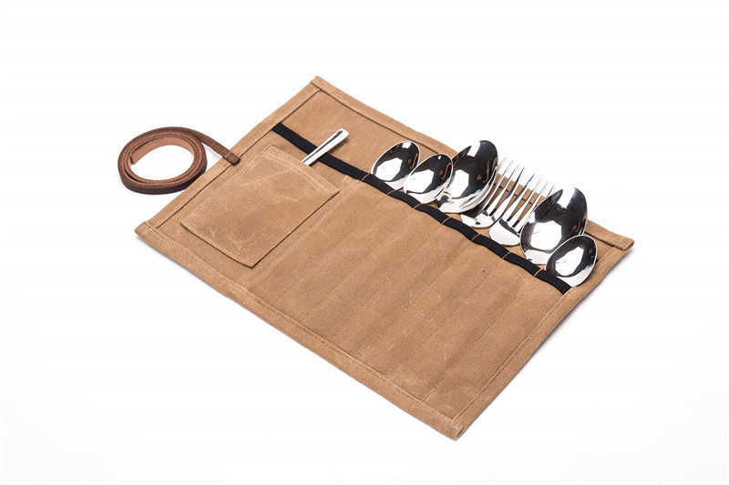 简约帆布餐具收纳卷包 便携式外出野营挂袋 厨房西餐刀叉收纳袋-阿里