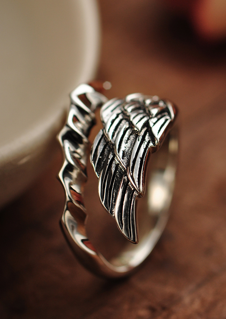 小黑银饰批发925纯银饰品泰银天使羽翼男女开口羽毛戒指xh029364w
