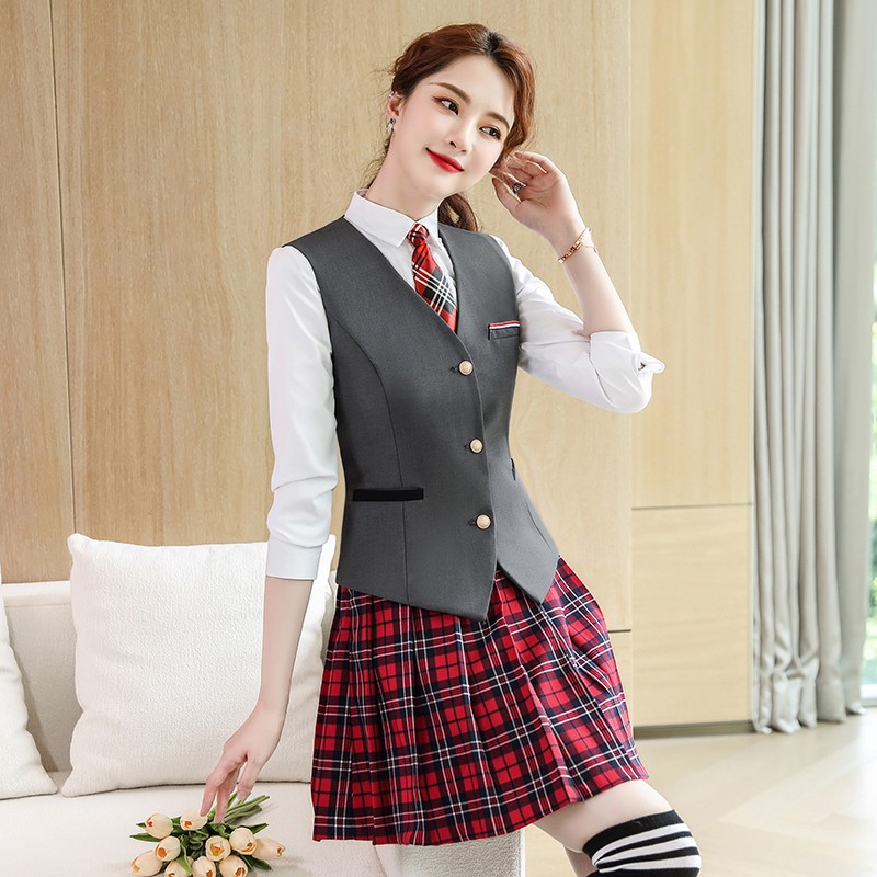 幼儿园幼师园服教师格子百褶裙西装马甲长袖衬衫jk制服工作服女