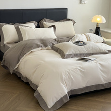 A类纯棉100支长绒棉磨毛床上四件套纯色被套加厚床单床笠用品简约