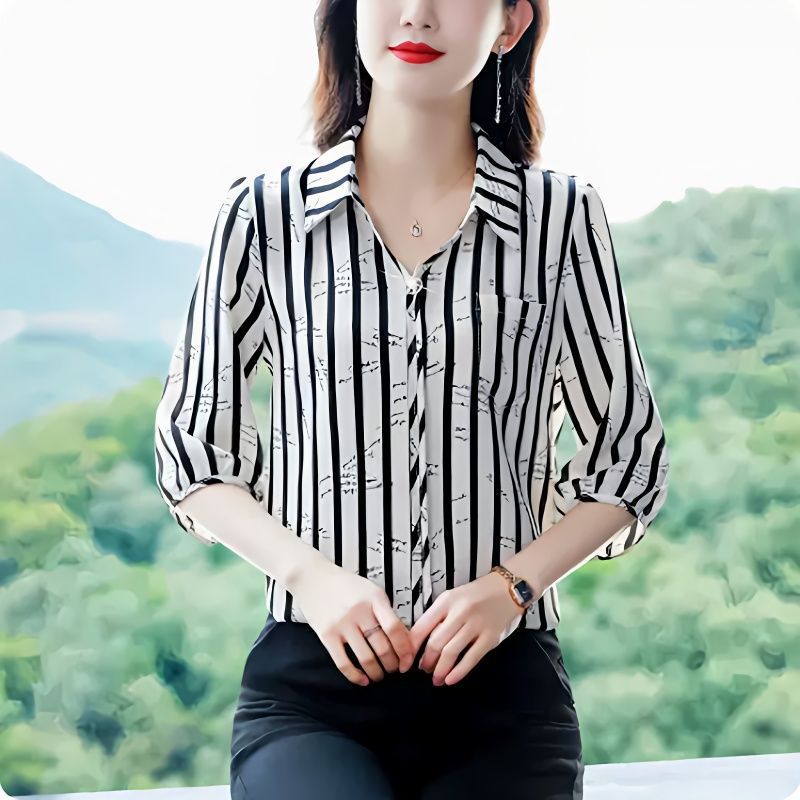 雪纺衬衫女2024新款条纹宽松显瘦时尚百搭洋气泡泡袖中袖衬衣