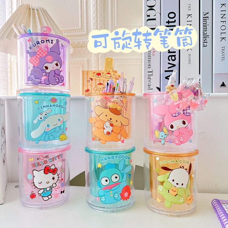 2024 rotatable pen holder macaron transparent ugly fish desktop student stationery pen holder girl heart makeup brush can