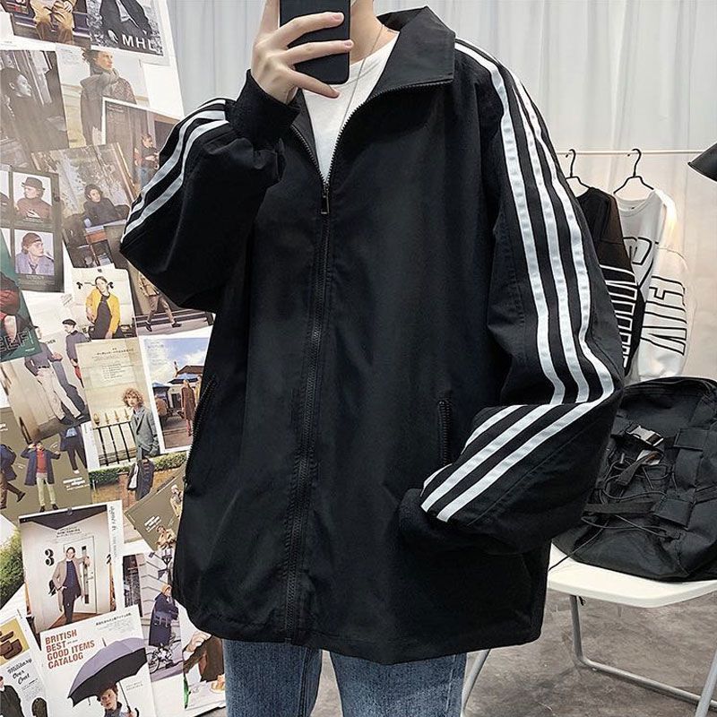 三条杠外套男秋装2022新款潮流帅气宽松情侣夹克男生春秋款棒球服
