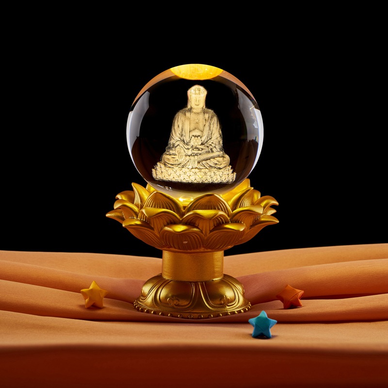 文殊菩萨带莲花灯座水晶球内雕佛像平安摆件办公室居家卧室柜台