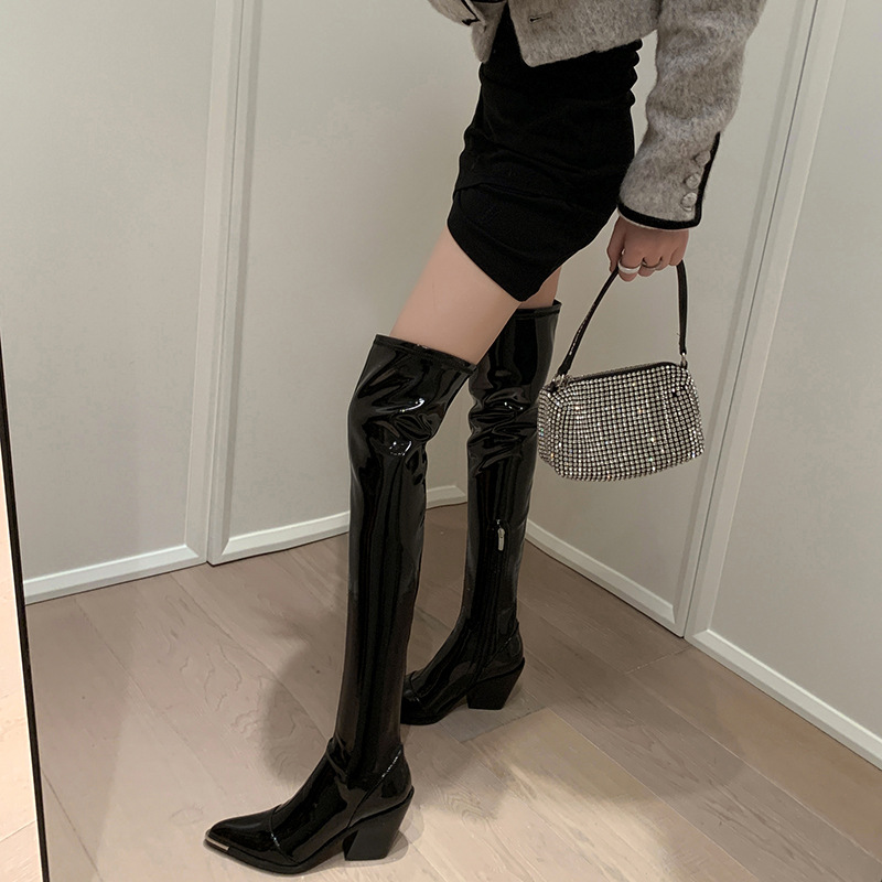 巨性感金属尖头高跟过膝靴2023新款秋冬弹力瘦瘦靴女粗跟漆皮长靴