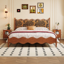 法式中古风床简约印花软包实木床复古波浪涟漪床1.8米主卧双人床