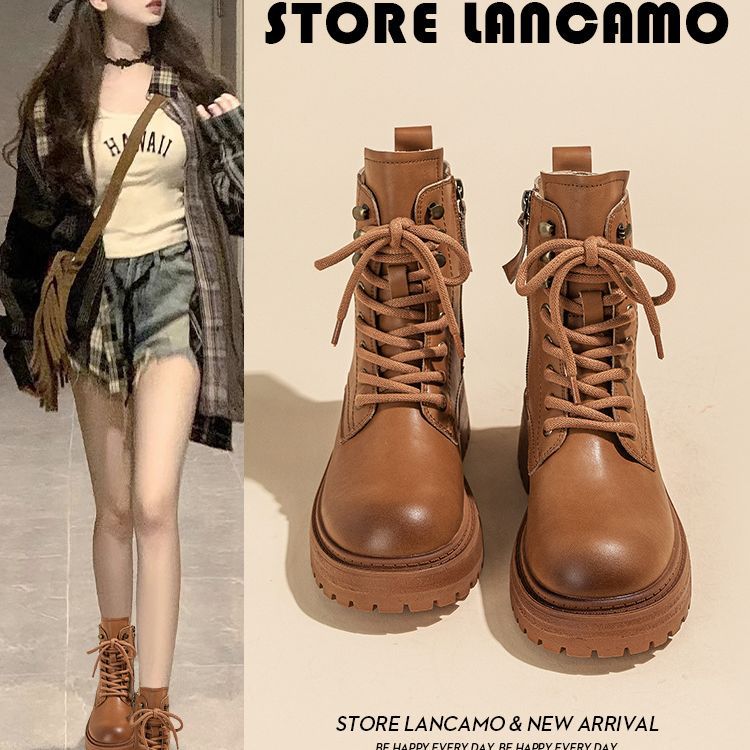 复古马丁靴女新款英伦风中筒系带短靴子帅气增高厚底真皮春秋单靴