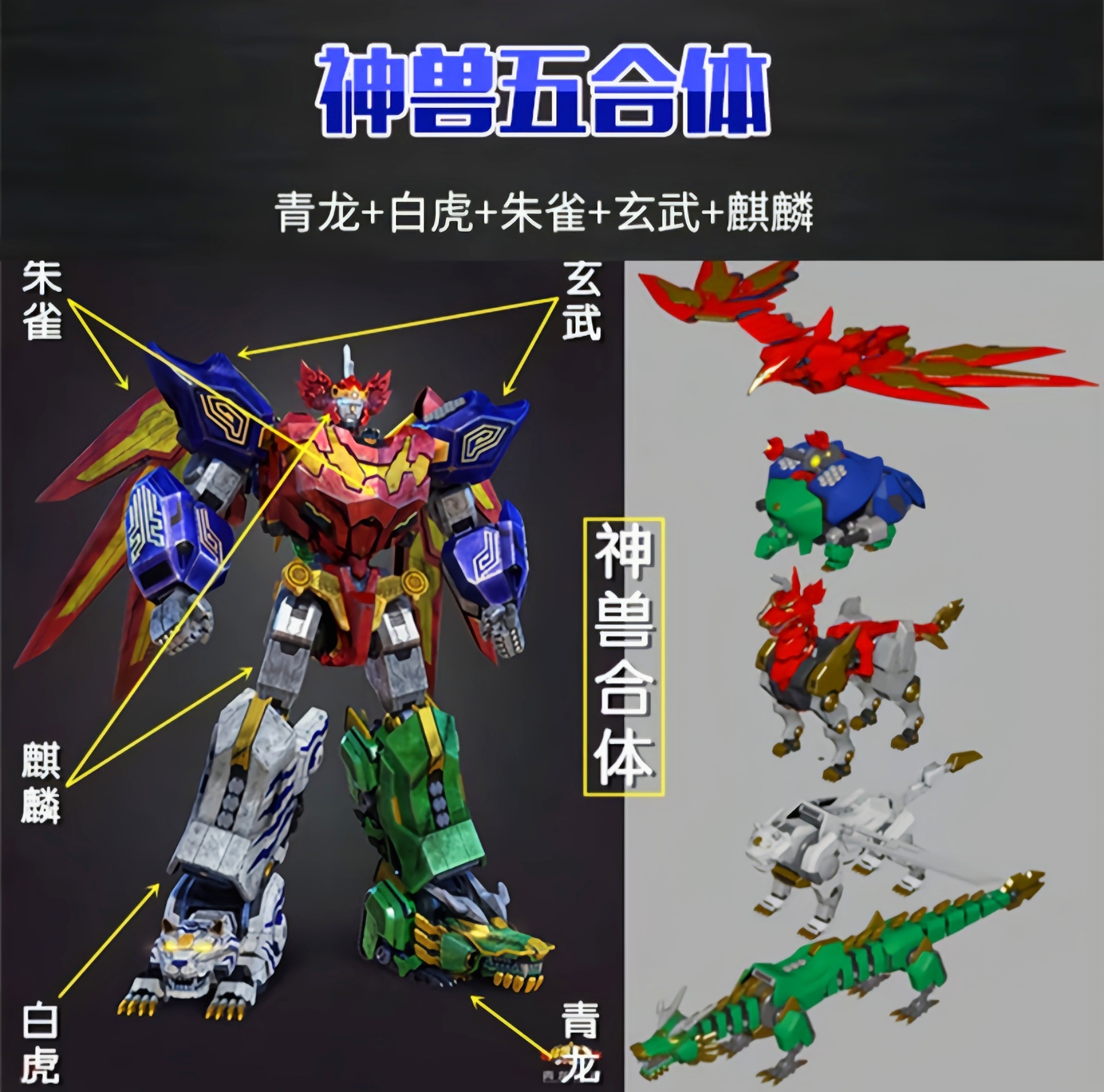 正版授权神兽金刚青龙现百变变形五合体益智变形金刚