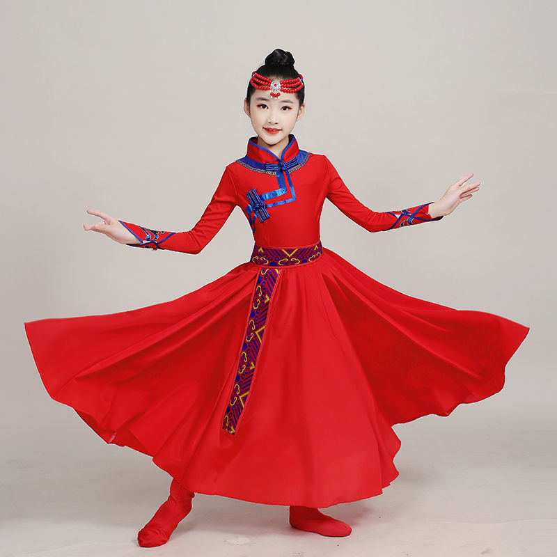 新款儿童蒙古舞蹈服幼儿园蒙古服大摆裙少数民族表演服长款舞台装