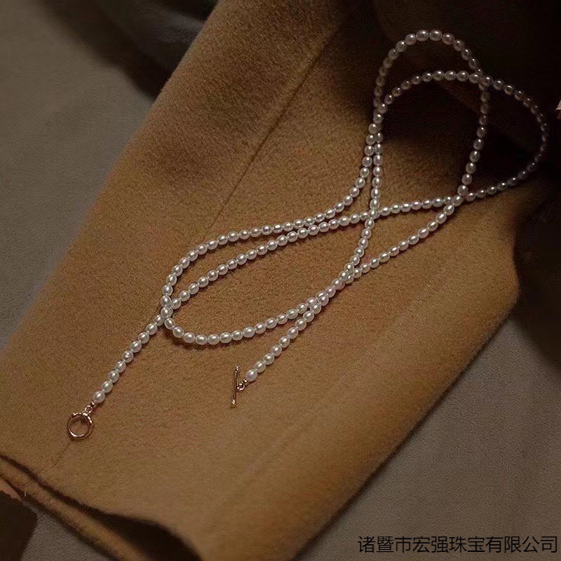 3-5mm Freshwater Pearl Fine Millet Necklace OT Buckle Clothing High Quality Strong Light Small Rice-Shaped Beads Necklace Sweater Chain