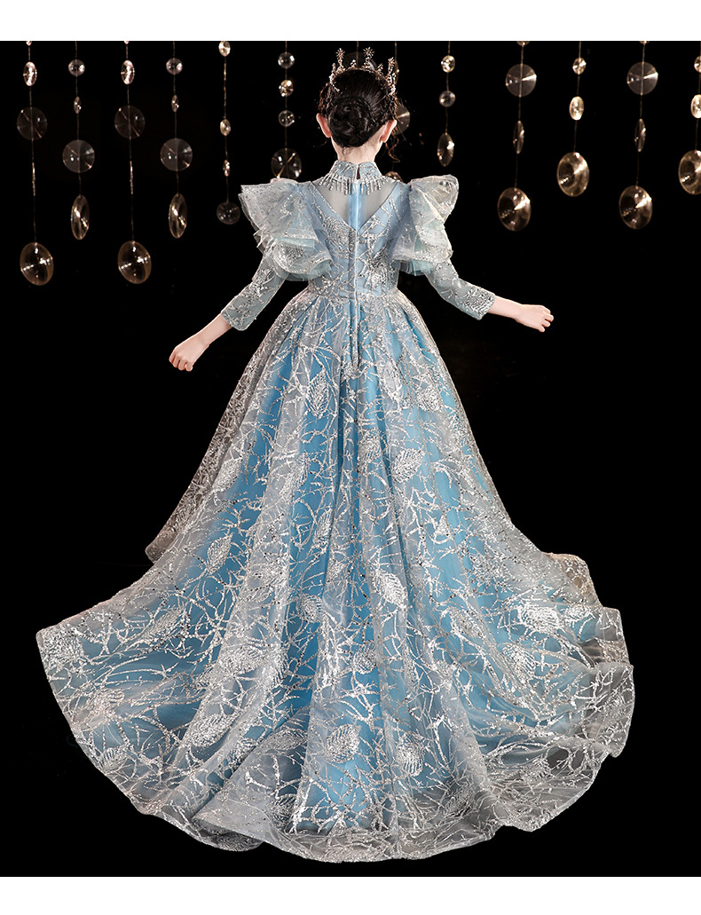 女童拖尾晚礼服公主裙洋气花童主持人走秀儿童钢琴演出服冬季新款