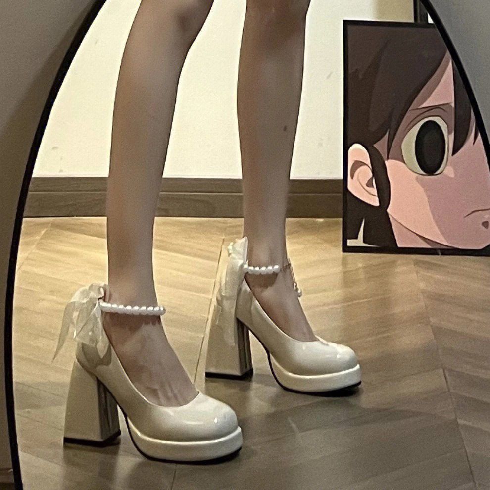 白色玛丽珍高跟鞋子女2023春秋新款黑色粗跟复古珍珠蝴蝶结小皮鞋