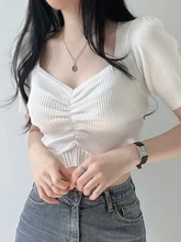 韩国chic夏季减龄复古泡泡袖短款打底修身V领短袖针织衫上衣女装