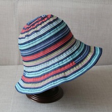 帽子 女款时尚夏天女可折叠太阳帽条纹布沙滩帽度假田园风渔夫帽