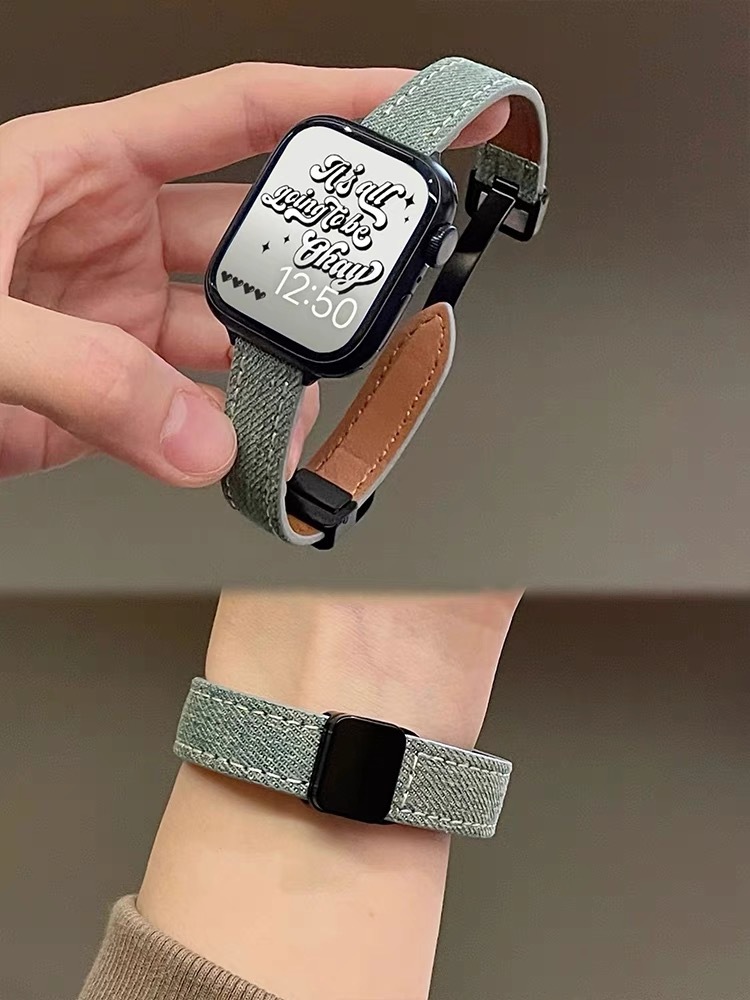 适用于iwatchs789代苹果手表applewatch56se牛仔磁吸扣皮表带细款