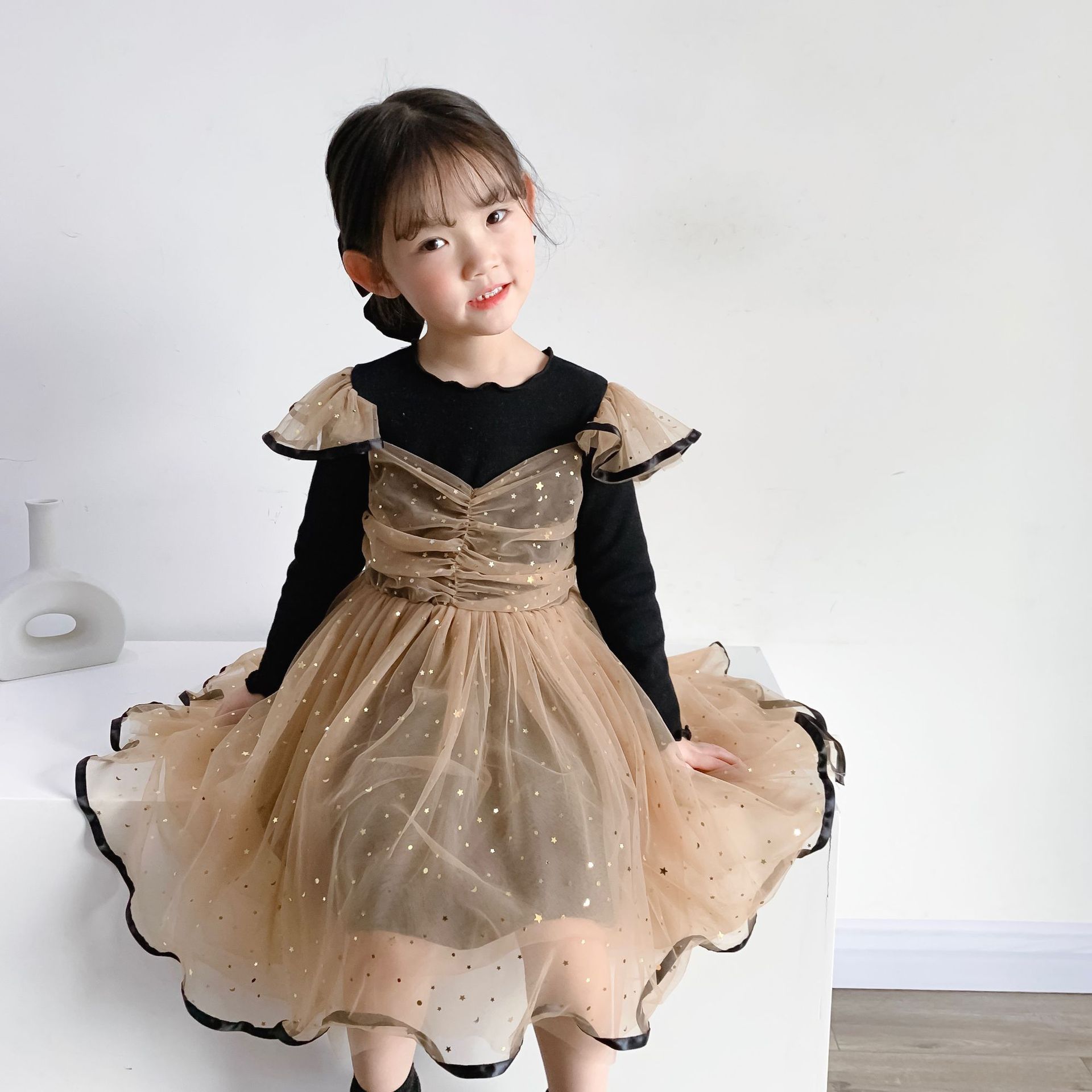 2022新款女童春秋季连衣裙气质儿童抹胸波点网纱公主裙宝宝裙子