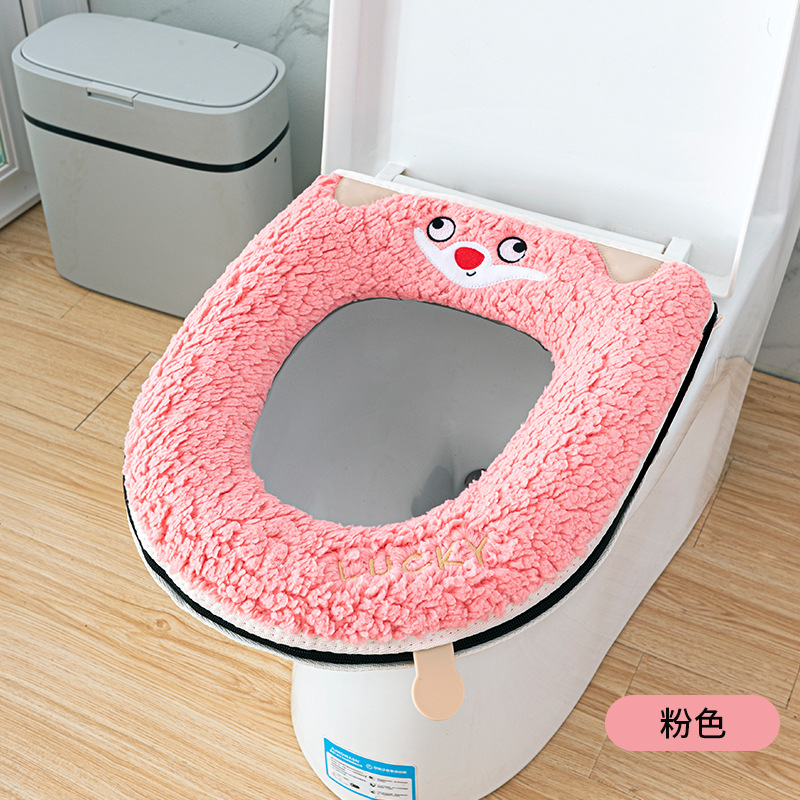 Toilet Mat Autumn and Winter Thickened Toilet Seat Cushion with Handle Household Plush Warm Zipper Toilet Seat Cushion