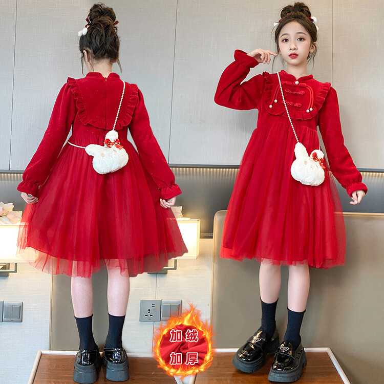 女童衣服韩国中大童公主裙冬加绒纱裙新年红色连衣裙拜年礼服代发