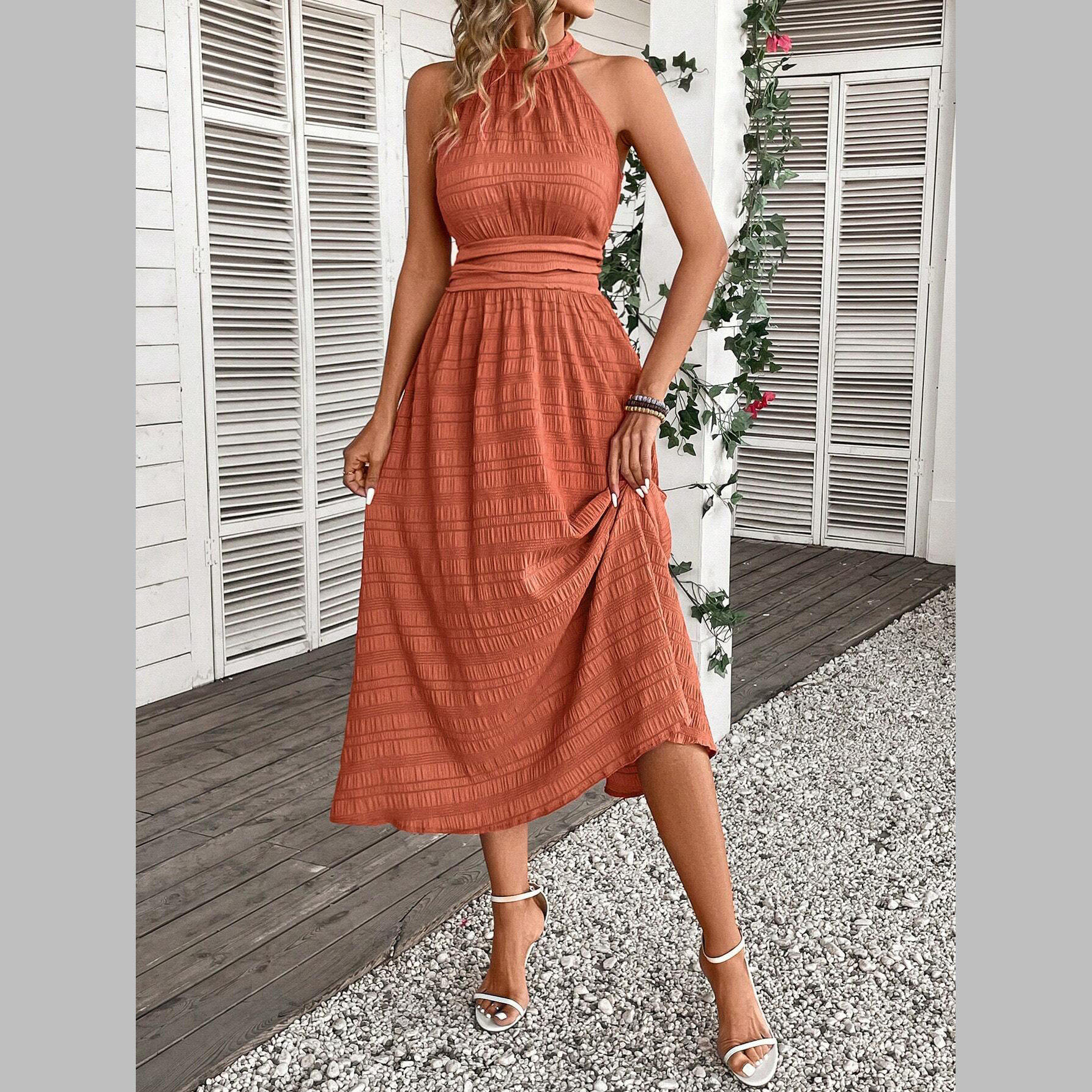 2024年新款shein lune 休闲纯色挂脖连衣裙-阿里巴巴