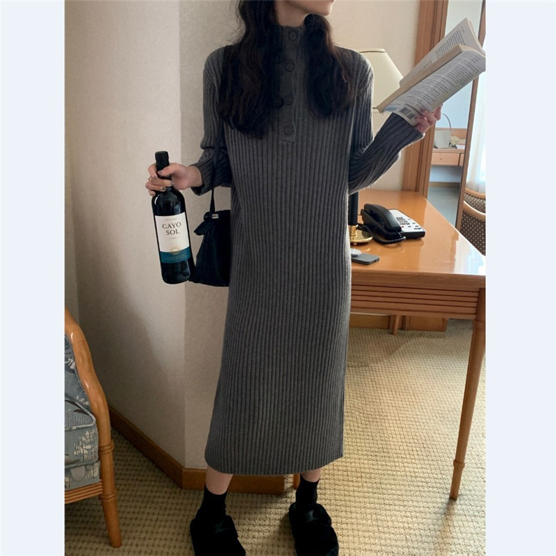 Korean Style Stand-up Collar Thick Sunken Stripe Inner Knitted Dress for Women 2023 Autumn and Winter Warm Mid-Length Pullover Woolen Skirt