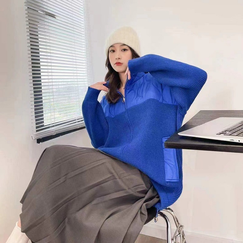 克莱因蓝毛衣外套女2021冬季韩版拉链宽松休闲棉服拼接针织开衫潮