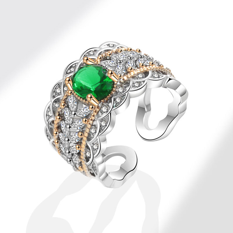 亚马逊爆款仿祖母绿稻穗戒指女欧美奢华满钻双色金高级感活口指环