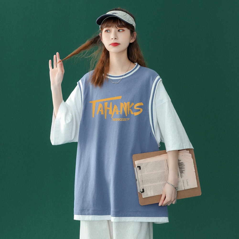 2024春夏季酷酷风格女装街头帅气嘻哈bf假两件短袖t恤ins潮宽松t