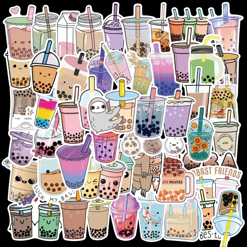 50张不侵权卡通珍珠奶茶系列涂鸦贴画行李箱汽车头盔儿童玩具贴纸