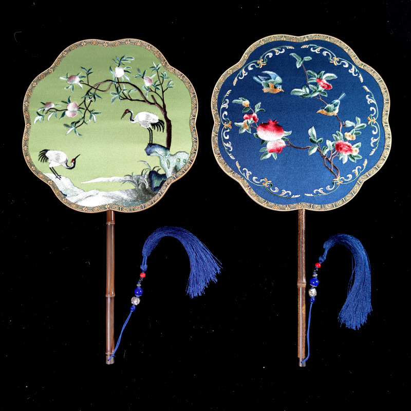 苏绣团扇双面异色古典宫扇子汉服舞蹈扇女式长柄宫廷八瓣紫竹刻字