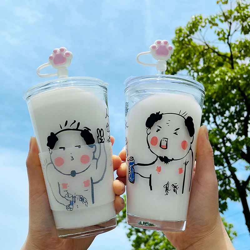 吸管玻璃杯家用杯子ins风奶茶牛奶果汁水杯女可爱饮料杯学生情侣