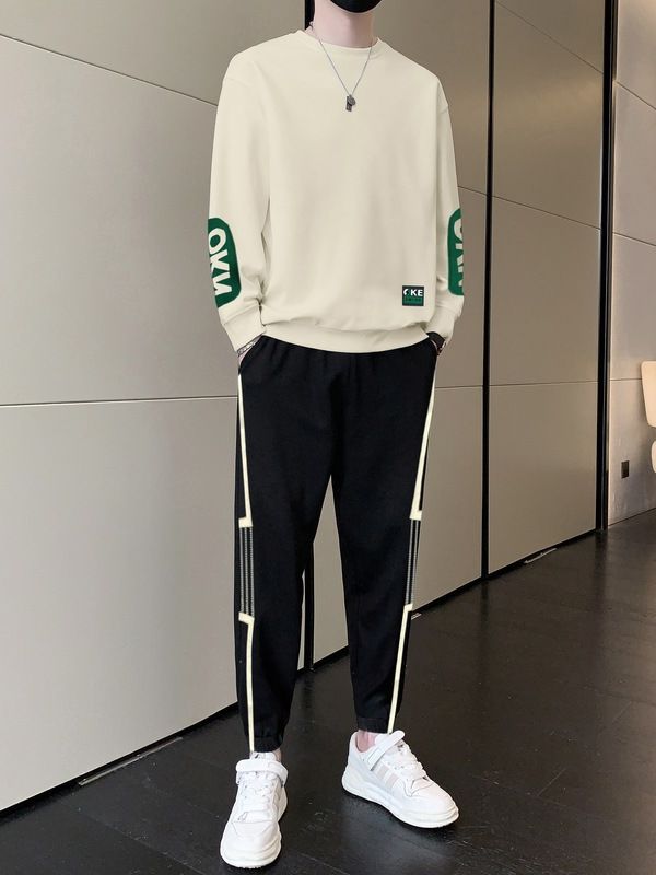 2023 autumn and winter new men‘s sports casual fleece-lined suit men‘s crew neck pullover sweatshirt trousers sports suit