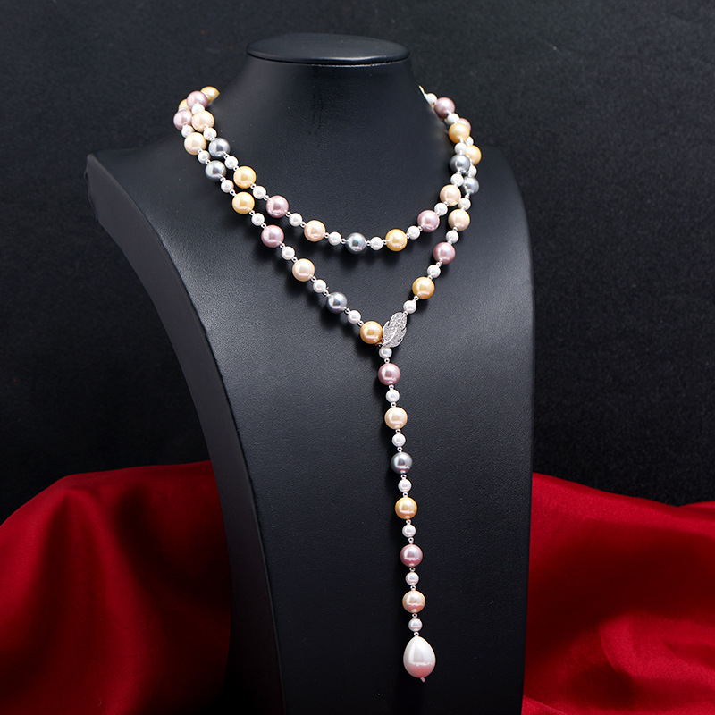 天然深海贝壳珍珠长款项链高档气质优雅锆石可调节女秋冬毛衣挂链